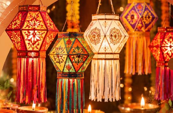 Handmade terracotta diyas and decorative lanterns